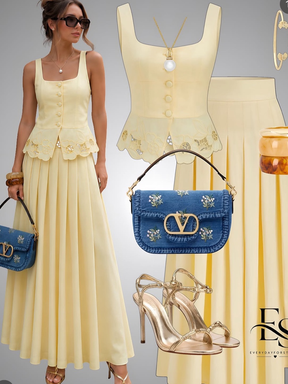 Commense Linen Blend Embroidered Top & Pleated Skirt Set
